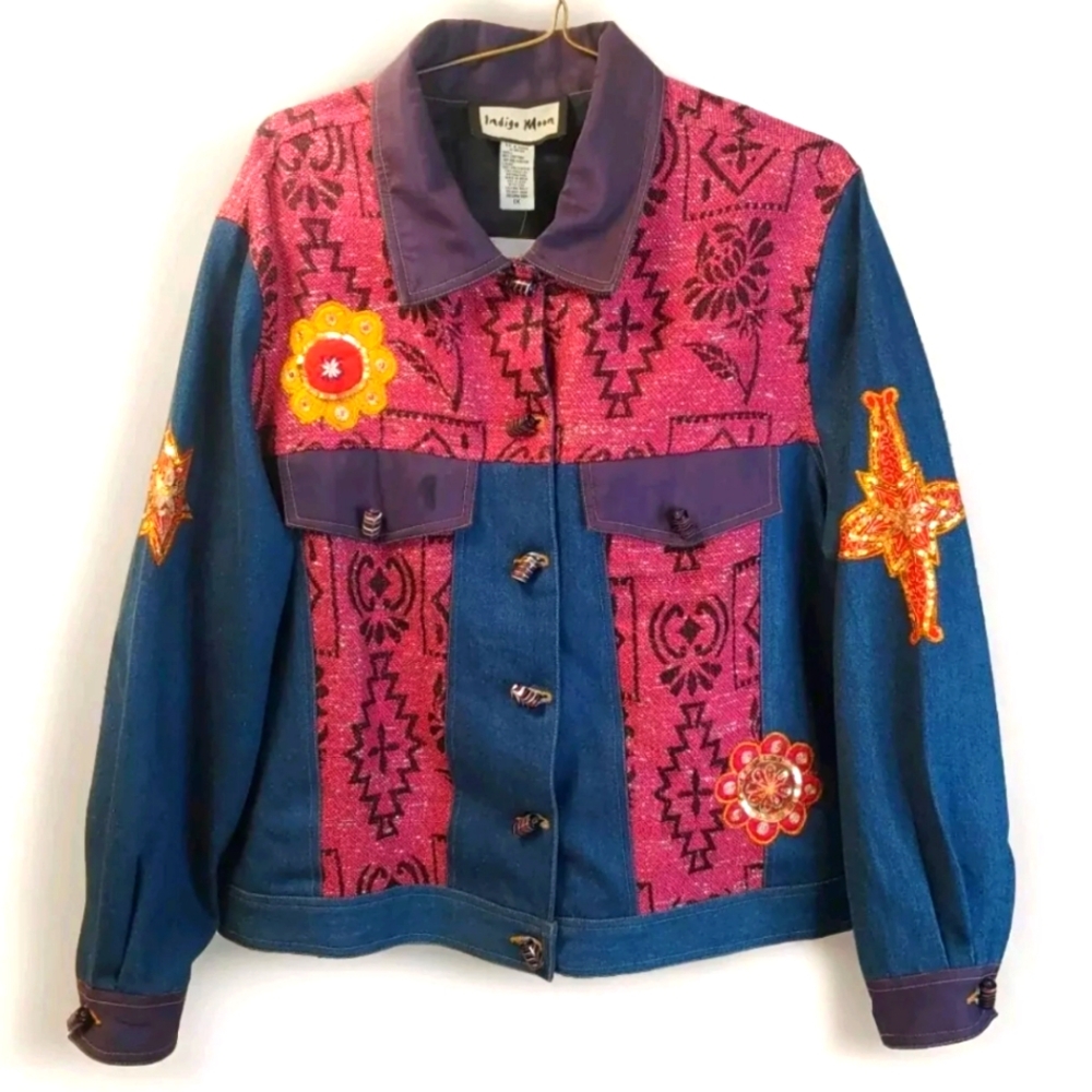 Indigo Moon Floral Sequin Jean Jacket Woman Plus 1X Patchwork Fairy Cottage Boho